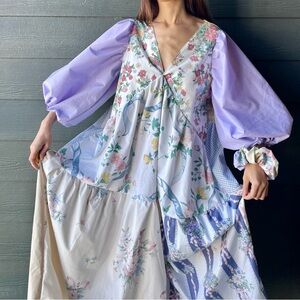 Cloudy Dress | Handmade V-Neck Patchwork Dress in Rose Canvas | SKU 10042